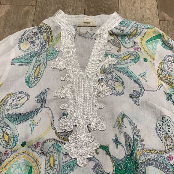 Charter Club Linen Luxury Embellished Paisley Floral V-Neck Boho Tunic Shirt - Picture 4 of 6